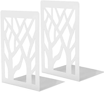 Weforu 2 Pcs White Bookends, Metal Book Ends for Shelves, Book Shelf Holder, Book Holders,Book Stoppers for Office and School, Decorative Tree Unique Design(White 1 Pair)