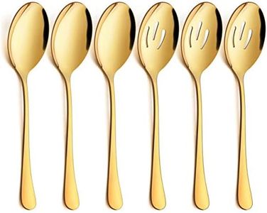 LIANYU 6-Piece Gold Serving Spoons, Stainless Steel Gold Slotted Spoons, Serving Utensils for Party Buffet Restaurant Banquet Dinner Catering, 8 3/4 Inch, Dishwasher Safe