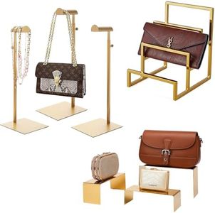 K KAIDIYIN 3 Pack Adjustable High Stainless Steel Purse Holder Stand and 3 Pcs Gold Stainless Steel Risers Display Stand and 1 Pack 3-layer Wallet Display Rack