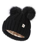 Creekstone Satin Lined Winter Beanie Hats for Women Girls, Warm Knit Hats with Faux Fur Double Pom Pom Ears (CA/US, Alpha, One Size, Black)