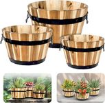 Idzo Set of 3 Wooden Flower Boxes Outdoor, Durable Acacia Wood Barrel Planters for Outdoor Plants with Ergonomic Handles, Drainage Holes, Multiple Sizes Wood Bucket Planter for Home Decor