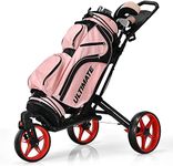 Tangkula Golf Push Cart with 360° Swivel Front Wheel, Aluminum Collapsible 3 Wheels Golf Pull Cart, Golf Trolley w/Elastic Strap, Scoreboard Storage & Foot Brake, Height-Adjustable Handle (Red)