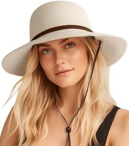 Womens Wide Brim Sun Hat with Wind Lanyard UPF Summer Straw Sun Hats for Women (Cream White, Medium, m)