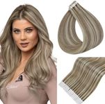 Full Shine Blonde Tape in Hair Extensions 16 Inch Remy Real Human Hair Tape in Color 8 Ash Brown Highlights 60 Platinum Blonde Hair Tape in Extensions Skin Weft Tape Hair Human Hair Extensions