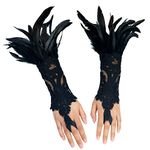 Women's Black Feather Lace Long Gloves Witch Spider Web for Halloween Pack of 2, Black-3