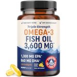 Omega-3 Fish Oil Supplement 3600 mg | EPA & DHA | Best Source of Omega 3 | Ultimate Brain, Heart, and Joint Support for Men & Women | Non GMO Burpless Lemon Softgel Capsules 2000mg Plus (120 Pills)