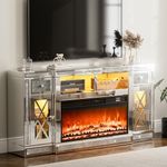 SIKHST Mirrored Electric Fireplace TV Stand,Silver Glass TV Stand with and Storage Cabinet,Faux Fireplace Mantel, Freestanding Firebox with 3D Realistic Flame and 7 Colors for Living Room and Bedroom