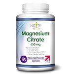 Magnesium Citrate Supplement 650mg | 180 Premium Vegan Capsules not Tablets (6 Month’s Supply) | High Strength Magnesium Citrate | Suitable for Vegetarian | Made in The UK by Incite Nutrition®