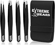 Extreme Shears Precision Eyebrow Tweezers Professional Black 4 Pieces Eyebrow Tweezers Set Stainless Steel Tweezers kit for Chin, Ingrown Hair, Facial Hair and Splinters Comes with Travel Case