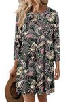 BETTE BOUTIK Womens Homewear Comfy Dressy Blouse Flare Hem Tunic Tops Round Neck Loose Fit 3/4 Sleeve T Shirts（Green Floral,Medium