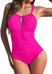 AI'MAGE One Piece Swimsuits for Women Bathing Suits Tummy Control Vintage Slimming Ruched Padded Tie Back Swimwear Pink