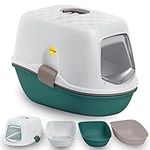 CAT CENTRE Jumbo Sifting Hooded Cats Litter Tray Green 58cm Scoopless Sieve Toilet Detachable Hood Top Cats Box Flip Entrance No-spillage Loo Easy Cleaning Durable Safe Plastic Made in Italy