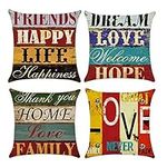 COWORK Set of 4 Love Life Cushion Cover Cotton Linen Throw Pillow Case Decorative Square Sofa Pillowcase for Home Bar Restaurant Decor Favor, 18 x 18 inch / 45 x 45 cm with Invisible Zipper