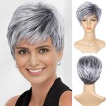 Creamily Full head Hair Wigs for women, White and Grey Wigs for women, Ladies Hair Wig Chemo Wig with bangs, Boy cut Wigs Drama Sexy Wig for women (Grey, 9 inches)