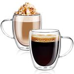 Double Walled Glass Coffee Cups, Insulated Latte Glasses Mugs Set of 2, Mug Tea Cups with Handles, Heat Resistant, 350ml Cappuccino Espresso Cup (Clear)