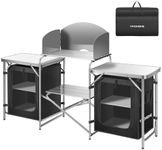 VIVOHOME Folding Camping Kitchen Station Table with Storage Organizer, 2 Side Tables, Stainless Steel Windscreen, Outdoor Portable Cook Station for BBQ, Picnics