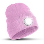 TYGA STORE LED Beanie Hat - Waterproof Winter Running Hat with 4 Bright LED Lights - Rechargeable USB Torch for Women, Presents for Women, Men, Dad, Unisex (Baby Pink)