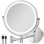 8.5 Inch Rechargeable Wall Mounted Lighted Makeup Mirror, Double-Sided 1X/10X LED Magnifying Vanity Mirror with Lights, 3 Color Lights Touch Screen Dimmable 360°Swivel 18 Inch Extendable