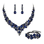 BriLove Bridal Jewellery Set for Wedding Women Austrian Crystal Teardrop Cluster Statement Necklace Dangle Earrings Link Bracelet Set Navy Blue Sapphire Color Black-Silver-Tone