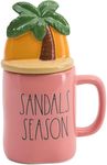 Rae Dunn Coffee Mugs with Decorative ceramic Lids, Sandals Season/Palm Tree/Coral