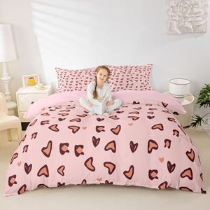Leopard Print Duvet Cover Set Full Size Safari Cheetah Print Comforter Cover Set Heart Leopard Bedding Set for Girls Teens Women Girly Pink Decor Africa Animal Bed Set Reversible (No Comforter)