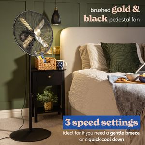 Russell Hobbs 16” Metal Pedestal Fan – Brushed Gold & Black, 3 Speeds, Oscillating