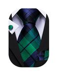 Barry.Wang Green Blue Man Tie Fashion Plaid Checkered Necktie Cufflinks Handkerchief Design