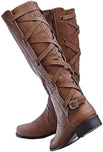 Syktkmx Womens Winter Knee High Riding Boots Back Lace Up Side Zip Chunky Flat Low Heel Closed Toe Shoes