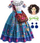 ATIMIGO Encanto Mirabel Dress for Girls, Mirabel Costume, Cartoon Halloween Cosplay Outfit for Girls Kids with Hair Earrings Glasses Bag Size 5-6