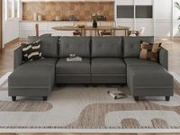 LLAPPUIL Modular Sectional Sofa Faux Leather Fabric U Shaped Couch with Ottomans, 6 Seater Oversized Modular Couch with Storage for Living Room, Dark Grey