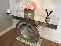 VENETIAN IMAGE Circular Mirrored Console Table with Crystal LED Light - Elegant Home Decor for Living Room, Foyer, and Hallway Entry (48" W x 15" D x 30" H)