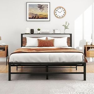 VERFARM Cadre de lit en métal avec tête de lit de rangement en bois, cadre de lit avec sommier à lattes, pour chambre à coucher, chambre d'amis, montage facile, sans bruit, 140 x 200 cm