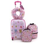 COSTWAY Kids Suitcase, 5 Pieces Luggage Set with Backpack, Neck Pillow, Insulated Lunch Bag, Name Tag, Extendable Handle, Children Travel Trolley Bag for Boys Girls (Owl, Pink)