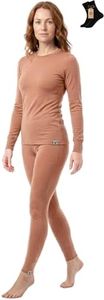 MERINNOVATION Merino Wool Base Layer Set for Women 100% Merino Wool Thermal Underwear Set Base Layer Top and Bottom Brown 165 L