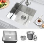 Bokaiya Stainless Steel Kitchen Sink, 50X45CM Small Sink, Undermount Single Bowl Outdoor Campervan Sink with Silencer Pad, Drainer Fittings, Drop in Flushmount or Topmount Installation, Brushed