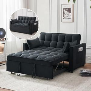 FENFSHE Futon Sofa Bed,Modern 3 in 1 Convertible Sleeper Sofa, Pull Out Couch Bed with Adjustable Backrest, Storage Pockets and Toss Pillows for Living Room, Bedroom (Black)