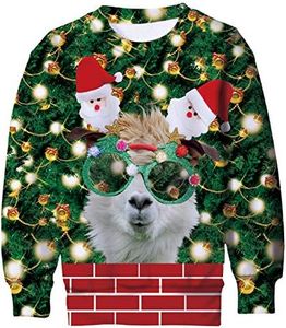 Little Kids Green Christmas Sweater Alpaca with Glasses Graphic Sweatshirt 3D LED Light Jingle Bell Xmas Pullover Santa Claus Fleece Tops Clothes for Festival Holiday Party Gift Size 6 7