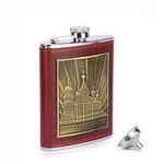 Menzy Urban Mate Stainless Steel and Stitched Leather Hip Flask 8 oz (230 Ml), Saint Petersburg Iconic Design Wine Whiskey Vodka Alcohol Drinks Pocket Bottle with Funnel Bar Set for Men Women