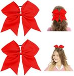 Red Cheer Large 8 Inch Hair Bows for Girls - Cheerleading, Cheerleaders, Softball Ponytail Holders, Scrunchies, and Hair Ties with Bows, 2 Pack