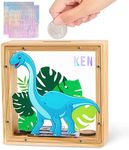 Piggy Bank for Kids, Wooden Money Coin Bank for Boys and Girls, Dinosaur Unicorn Piggy Banks with DIY Stickers for Birthday, Easter Gifts (Blue)