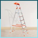 Houza 6 Step Foldable Aluminium Ladder for Home with Tool Tray | Ladder with Anti-Slip Shoes | Slip Prevention Steps | Durable, Heavy Duty, Safe, and Stylish | Made in India (Orange)