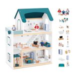 OOOK Wooden Dollhouse with Liftable Elevator - 2.6 Feet High Modern Doll House for Kids Toddlers - Including 21 Furniture Pieces, 4 Family Dolls, and 1 pet