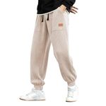 Corduroy Cuffed Sweatpants for Men Cotton Warm Baggy Tapered Ankle Pants Elastic Waist Drawstring Comfy Loose Lounge Pants Beige