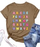 Teacher Shirt Women Alphabet Teaching Graphic Tee Tops Kindergarten Teachers Gift T-Shirts, Light Brown, X-Large