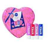 NIVEA Soft Lips Gift Set for Her, Lip Balm Set Includes Original Care, Soft Rose, Strawberry Shine, & Pearly Shine Lip Balms, NIVEA Lip Balms in a Heart-Shaped Tin