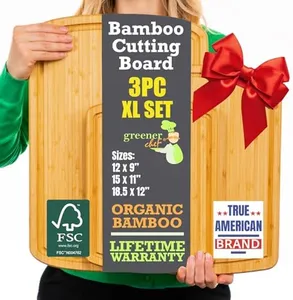 Organic Bamboo Cutting Board Set of 3 with Lifetime Replacements - Wood Cutting Board Set with Juice Groove - Wooden Chopping board Set for Kitchen, Meat and Cheese - Single Tone
