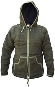 Gheri Natural Woolen Knitted Hand Made Sherpa Jacket Jumper Hoodie Army Green X-Large