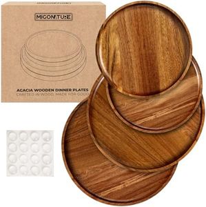 MIGOnature Set of 4 Round Acacia Wooden Charger Dinner Plates - 2 x 8 inch & 2 x 10 inch Boards for Serving Food, Steak, Salad, Snacks, Cookies, Cheese, Cake, Burgers, Vintage Kitchen Dinnerware Look