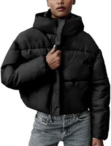 Vimyig Chaqueta corta de invierno con capucha para mujer, holgada, cálida, con cremallera, corta, acolchada, ropa de abrigo, Negro -, S
