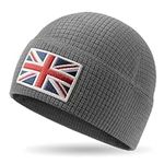 Union Jack Waffle Thermal Beanie – Recycled Polyester, Double-Layer Hem, Soft Warm Lightweight UK Flag Hat for Men & Women, Outdoor, Hiking, Running, Camping – One Size, Grey